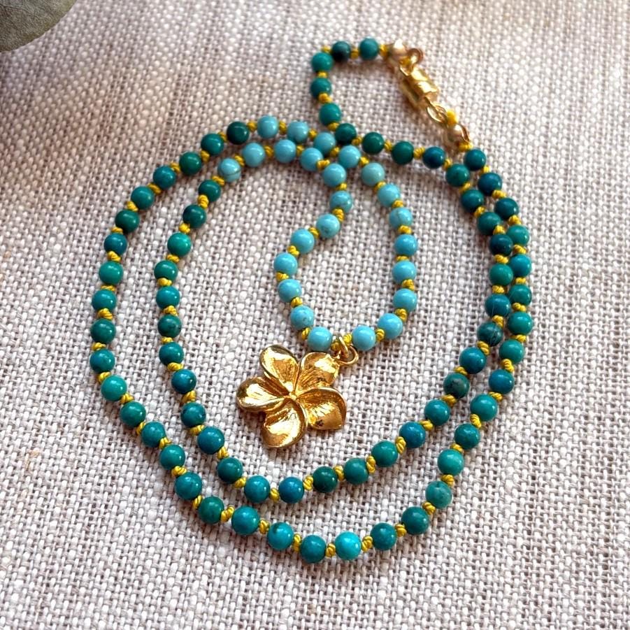 Hand Knotted Turquoise Necklace: Gold Filled Magnetic Clasp, Silk