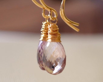 Ametrine Earrings, Wire Wrapped Gemstone Drops, Lavender AAA Semiprecious Stone, Simple Sterling Silver, Rose or Gold Jewelry