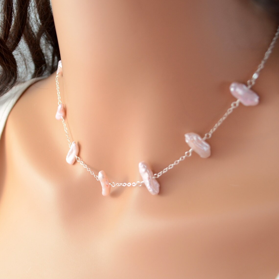 3L FRESH WTER BIWA PEARL NECKLACE WITH SILVER TOGGLE-18