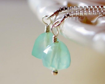 Long Aqua Earrings, Chalcedony Gemstone Threaders, Pale Blue Green Pastel, Sterling Silver, Dainty Jewelry for Women, Made to Order