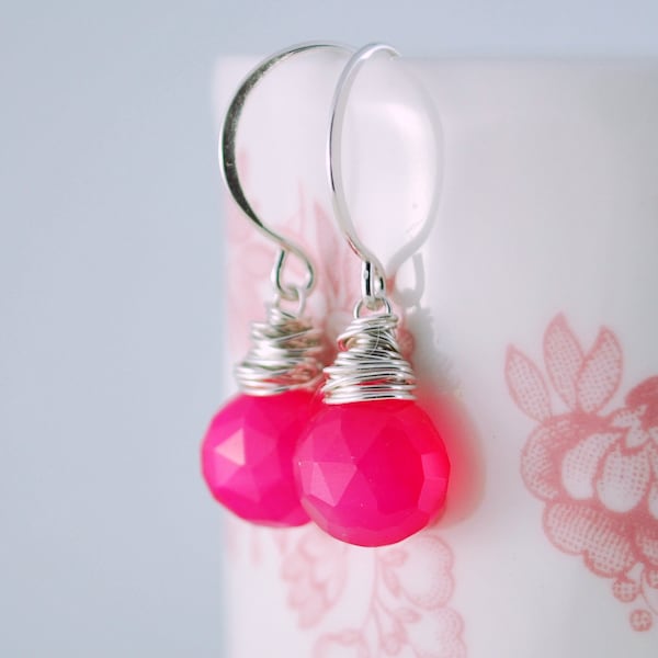 Neon Hot Pink Drop Earrings, Chalcedony Gemstone, Wire Wrapped, Bright Fuchsia, Sterling Silver, Simple Jewelry for Women, Made to Order