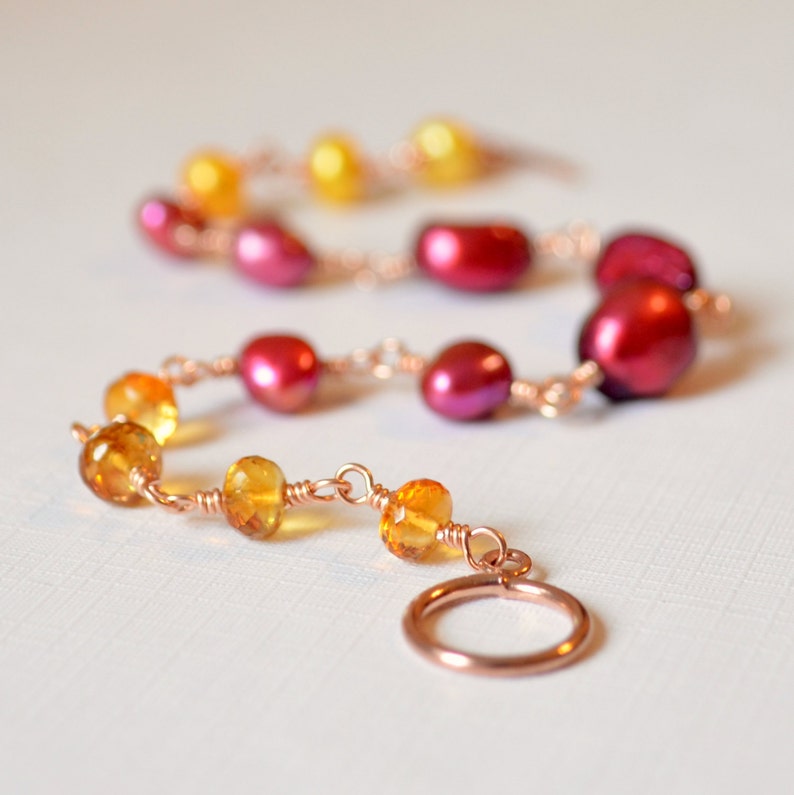 Yellow Pearl Jewelry Wire Wrapped Rose Gold Made to Order Fuchsia Cranberry Red Real Gemstone Pearl and Citrine Bracelet