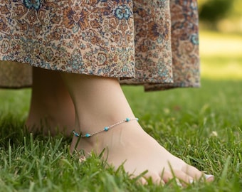 Sterling Silver Turquoise Anklet: Dainty Gemstone Summer Jewelry