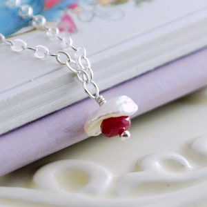 Real Ruby Necklace, Sterling Silver Chain, Dainty Jewelry, White Freshwater Pearl, July Birthstone Jewelry, Birthday Gift, Ruby Jewelry