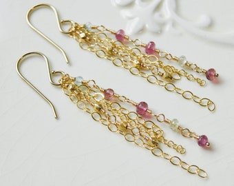 Gold Chain Earrings with Tourmaline Gemstones, Spring Jewelry, Pale Green and Pink, Long Dangle, Genuine October Birthstone Gift for Her