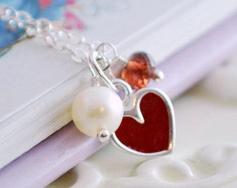 ネックレス・ペンダント [KINDABABY] red heart point pearl necklace Child's Valentines Necklace, Custom Birthstone Jewelry for