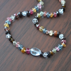 Real Tourmaline Necklace, Hand Knotted, Genuine Blue Topaz Gemstone, Silk Cord, Gold Filled, Multicolour Jewelry for Women
