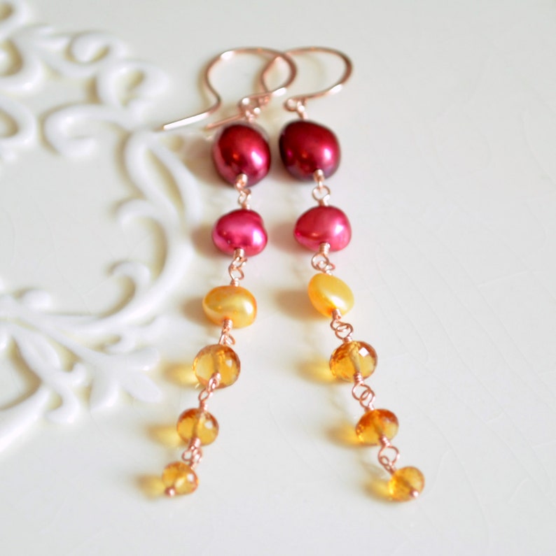 Yellow Pearl Jewelry Wire Wrapped Rose Gold Made to Order Fuchsia Cranberry Red Real Gemstone Pearl and Citrine Bracelet