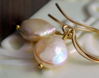 Orecchini Pendenti In Oro Riempito Con Perle D'Acqua Dolce A Forma Di Moneta 11mm, Eleganti Donna