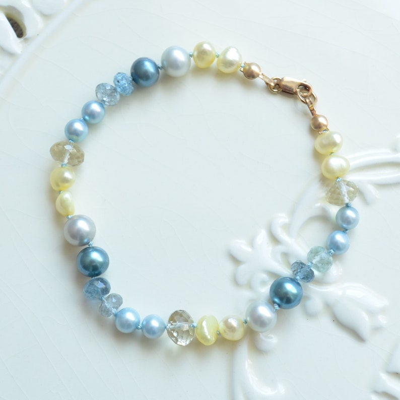 Gemstone and Pearl Bracelet with Moss Aquamarine and Lemon Quartz, Hand Knotted Jewelry, Rose Gold Filled, Aqua Silk Cord, Blue and Yellow image 5