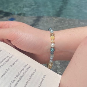 Gemstone and Pearl Bracelet with Moss Aquamarine and Lemon Quartz, Hand Knotted Jewelry, Rose Gold Filled, Aqua Silk Cord, Blue and Yellow image 1