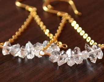 Herkimer Diamond Earrings, Gold or Sterling Silver, Clear Quartz Gemstone Nugget, Trapeze Style, April Birthstone Jewelry, Free Shipping