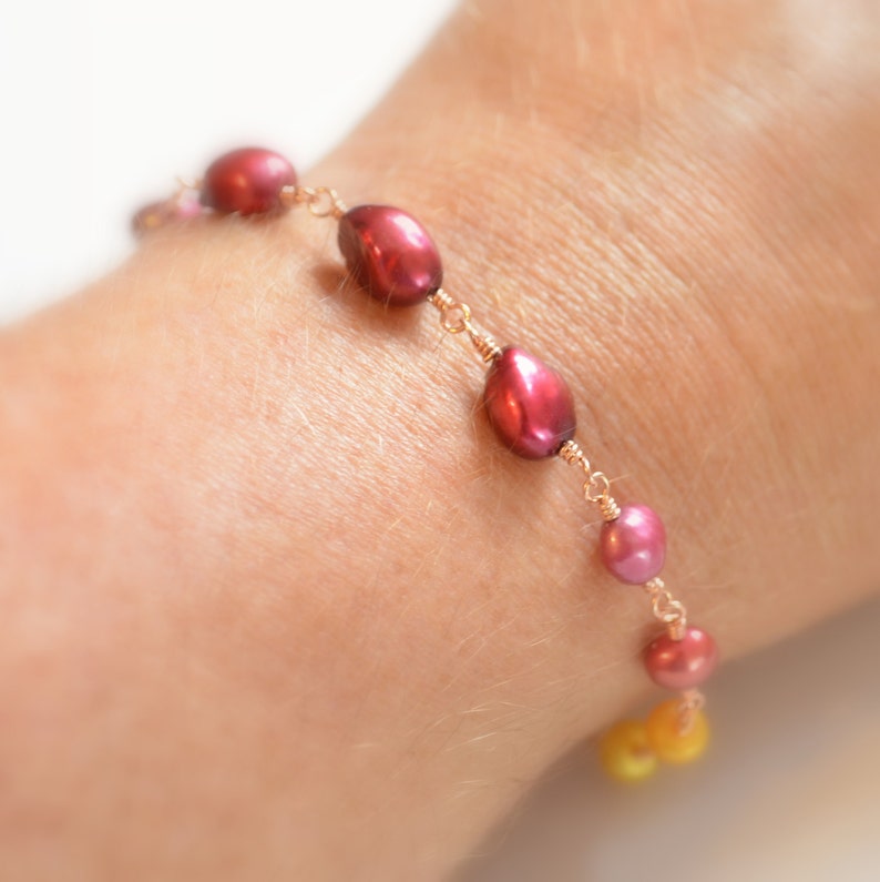 Yellow Pearl Jewelry Wire Wrapped Rose Gold Made to Order Fuchsia Cranberry Red Real Gemstone Pearl and Citrine Bracelet