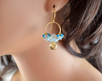 Gold Cluster Earrings: Lemon Quartz, Blue Topaz, Aqua Apatite