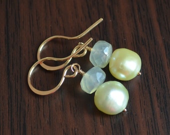 Green Drop Earrings, Real Freshwater Pearls, Light Mint, Mystic Chalcedony Gemstones, Gold Filled, Bridesmaid Gift, Spring Jewelry for Her