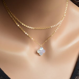 Mother of Pearl Necklace, Clover Pendant, MOP, Gold Cable Chain, Double Chain, Layering Piece, 14K Goldfilled, Quatrefoil Shape