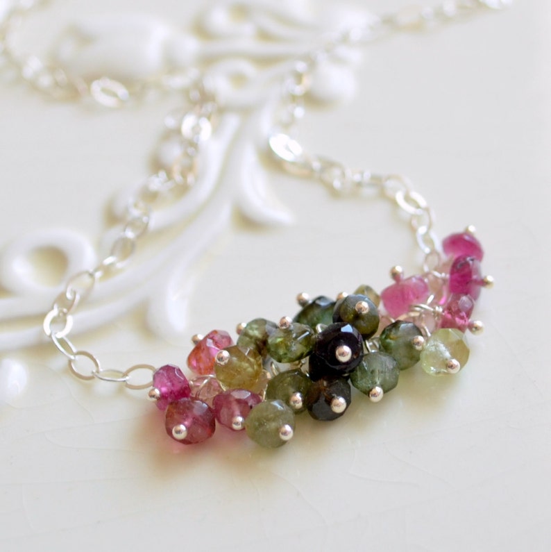 Gemstone Necklace, Tourmaline Cluster Necklace, Pink Greens, Genuine October Birthstone, Sterling Silver Jewelry, Free Shipping image 1