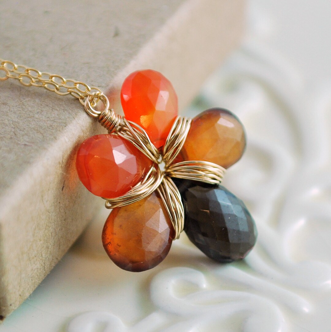 Gemstone Flower Pendant Necklace With Carnelian Hessonite Etsy