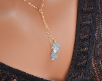 Raw Aquamarine Lariat Necklace, March Birthstone, Gold Filled or Sterling Silver Jewelry for Women, Aqua Blue Gemstone, Natural Stone Gift