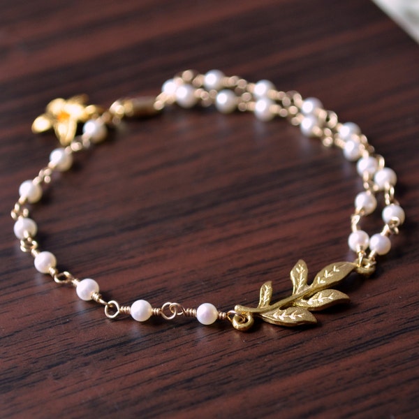 White Pearl Bracelet, Delicate and Pretty, Freshwater, Asymmetrical Style, Leaf and Flower, Gold Vermeil Jewelry, Free Shipping