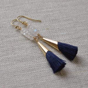 Navy Tassel Earrings, Dangle Earrings, Real Moonstone Stacks, Gold Filled Jewelry, Gemstone Earrings, Dark Blue, Moonstone Jewelry for Her