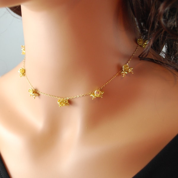 Warm Gold Keshi Pearl, Yellow Sapphire, Choker Necklace, Genuine Freshwater, Real Keishi, Gold Jewelry, Free Shipping