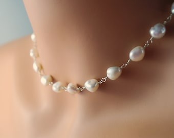 White Pearl Choker, Keshi Pearl Necklace, Natural Freshwater Pearl, Classic Choker, Pearl Bridal Jewelry, Wedding, Sterling Silver Jewelry