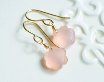 Blush Pink Flower Earrings for Spring, Gold Filled, Wire Wrapped Jewelry, Chalcedony Gemstones, Simple Drop Earrings, Free Shipping