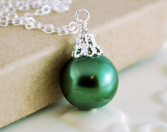 Forest Green Holiday Jewelry, Sterling Silver, Christmas Ball Necklace, Glass Pearl, Wire Wrapped, Free Shipping