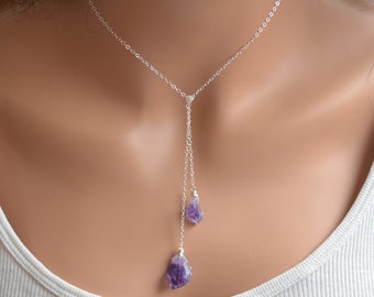 Roh amethyst Lariat Halskette für Frauen, Februar Birthstone, Sterling Silber Schmuck, lila Edelstein, Naturstein, auf Bestellung gefertigt