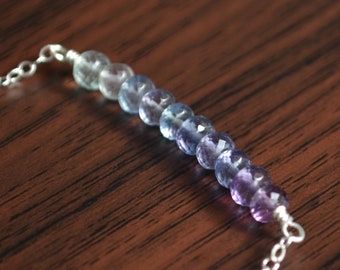 Fluorite Necklace, Sterling Silver Bar Necklace, Gemstone Choker, Blue and Purple Stones, Ombre Jewelry for Women