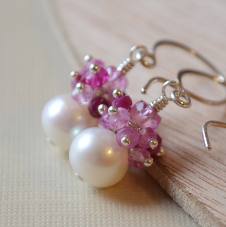 Sterling Silver Jewelry Real Gemstones Free Shipping Made to Order July Birthstone Ruby Earrings Valentine Drop Pearl Earrings