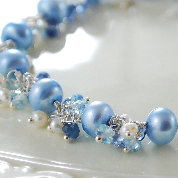 Reserved - Blue Freshwater Pearl and Sterling Bracelet with Kyanite and Blue Topaz