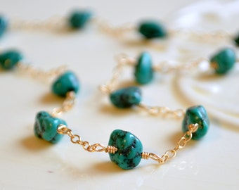 Genuine Turquoise Nugget Anklet, Gold Filled Chain, Adjustable