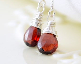 Garnet Earrings, Long Silver Threader Earrings, Gemstone Earrings, January Birthstone, Wire Wrapped Jewelry, Birthday Gift, Made to Order