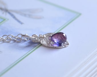 Tiny Sterling Silver Leaf Necklace, Alexandrite Colored Quartz Gemstone, Dainty Jewelry for Girls Teens Women, June Birthstone Jewelry