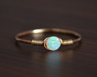 Dainty Opal Ring for Women, Wire Wrapped, Sterling Silver or Gold Jewelry, Synthetic Gemstone, Size 8, October Birthstone, Gift for Her