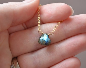 Valentines Day Jewelry, Heart Shaped Pendant Necklace, Real Labradorite Stone, Gold Filled Jewelry for Her, Layering Chain, Free Shipping