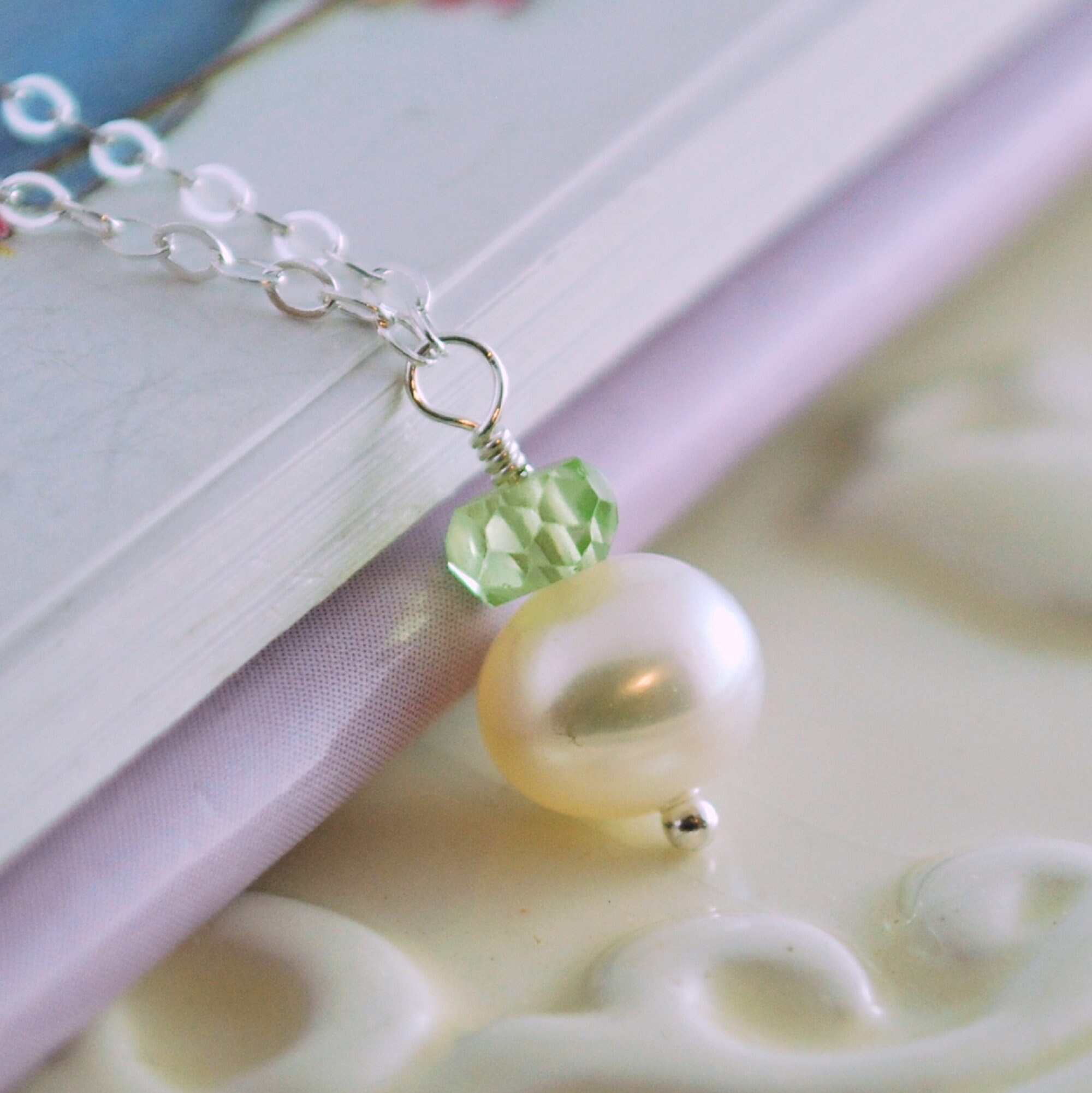Pearl Drop Necklace, Peridot Jewelry, Gemstone Jewelry for Girls, August Birthstone Jewelry, Childrens Jewelry, Sterling Silver Necklace