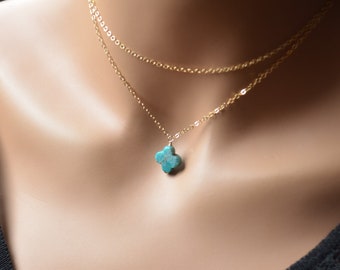 Turquoise klaver ketting, enkele hanger, 14K goud gevulde kabelketting, dubbel, sierlijk gelaagd stuk, echt, goud gevuld, Quatrefoil vorm