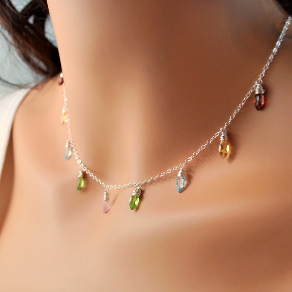 Colorful Gemstone Necklace Multicolored Christmas Lights Genuine Semiprecious Gemstone Sterling Silver Jewelry Complimentary Shipping