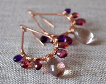 Bold Gemstone Earrings, Rose Gold, Ametrine, Plum Rhodolite, Red Garnet, Purple Amethyst, AAA Stones, Wire Wrapped Jewelry, Free Shipping