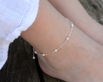 White Pearl Anklet, Sterling Silver, Tween Teen Jewelry, June Birthstone, Birthday Gift, Wire Wrapped, Ankle Bracelet, Dainty, Flower Girl