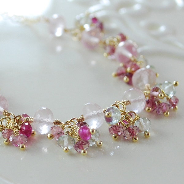 Gemstone Necklace with Rose Quartz, Pink Topaz, Pink Tourmaline and Green Amethyst