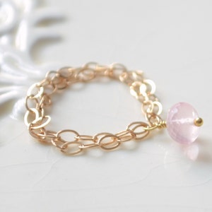 Rose Quartz Ring Gold, Rings for Women, Boho Ring, Pale Pink Gemstone Ring, Gold Filled Jewelry, Chain Ring, Wire Wrapped Ring, Size 8