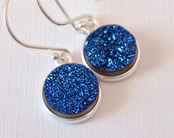 Royal Blue Druzy Earrings, Sterling Silver, Druzy Jewelry, Silver Drop Earrings, Best Friend Gift, Simple Silver Earrings, Gemstone Earrings