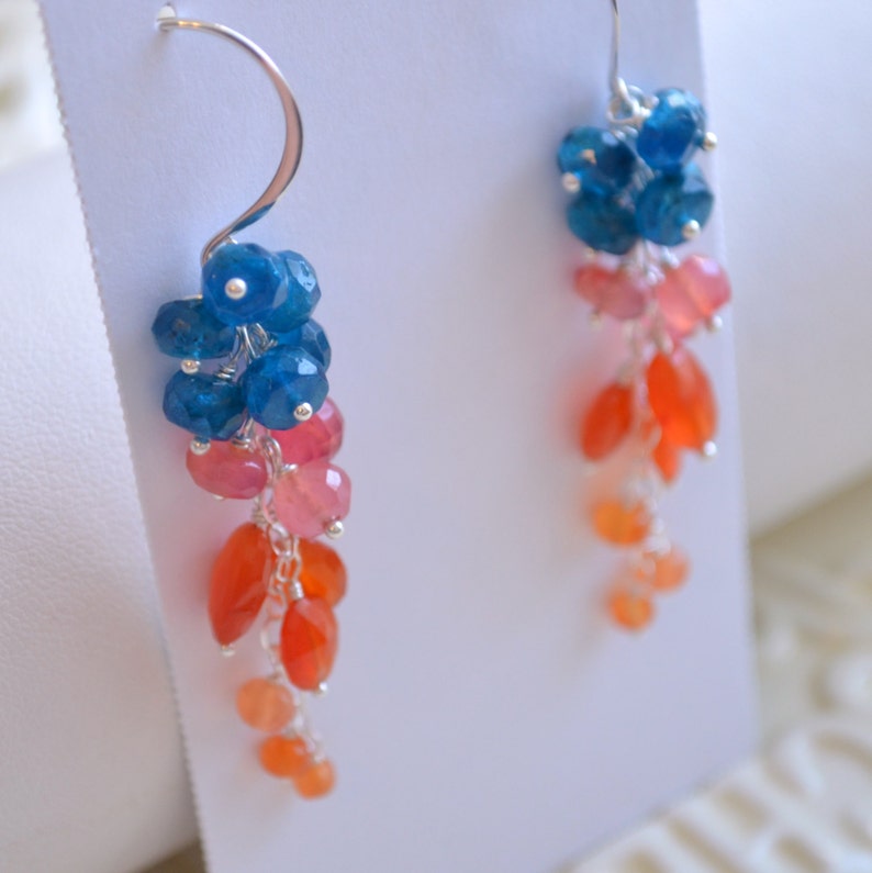 Colorful Cluster Earrings, Apatite, Bright Orange Carnelian Gemstone Earings, Sterling Silver Jewelry, Free Shipping image 4
