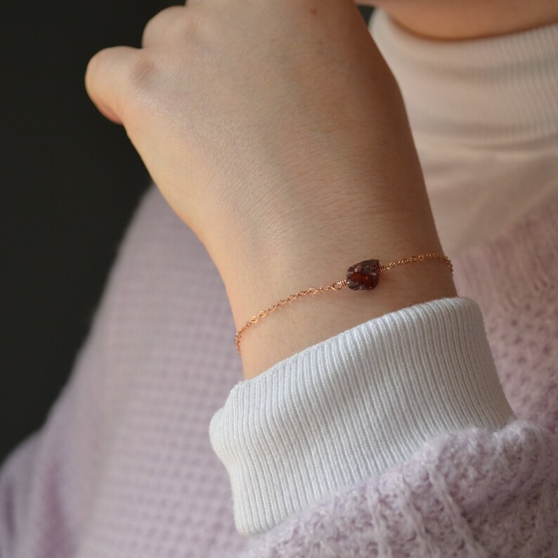 Raw Garnet Bracelet, Red Gemstone, Real Genuine Stone, Dainty Rose Gold Chain, January Birthstone Jewelry, Free Shipping image 3