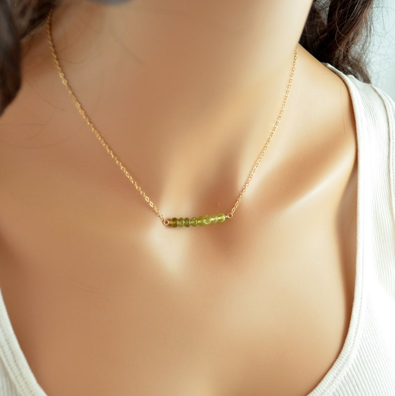 Modern Jewelry for Women Olive Green Jewelry Green Gemstone Necklace in Gold with Grossular Garnets Ombre Necklace Gold Bar Necklace