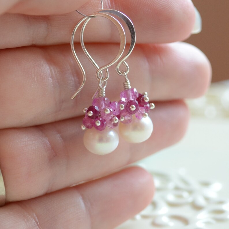 Sterling Silver Jewelry Real Gemstones Free Shipping Made to Order July Birthstone Ruby Earrings Valentine Drop Pearl Earrings
